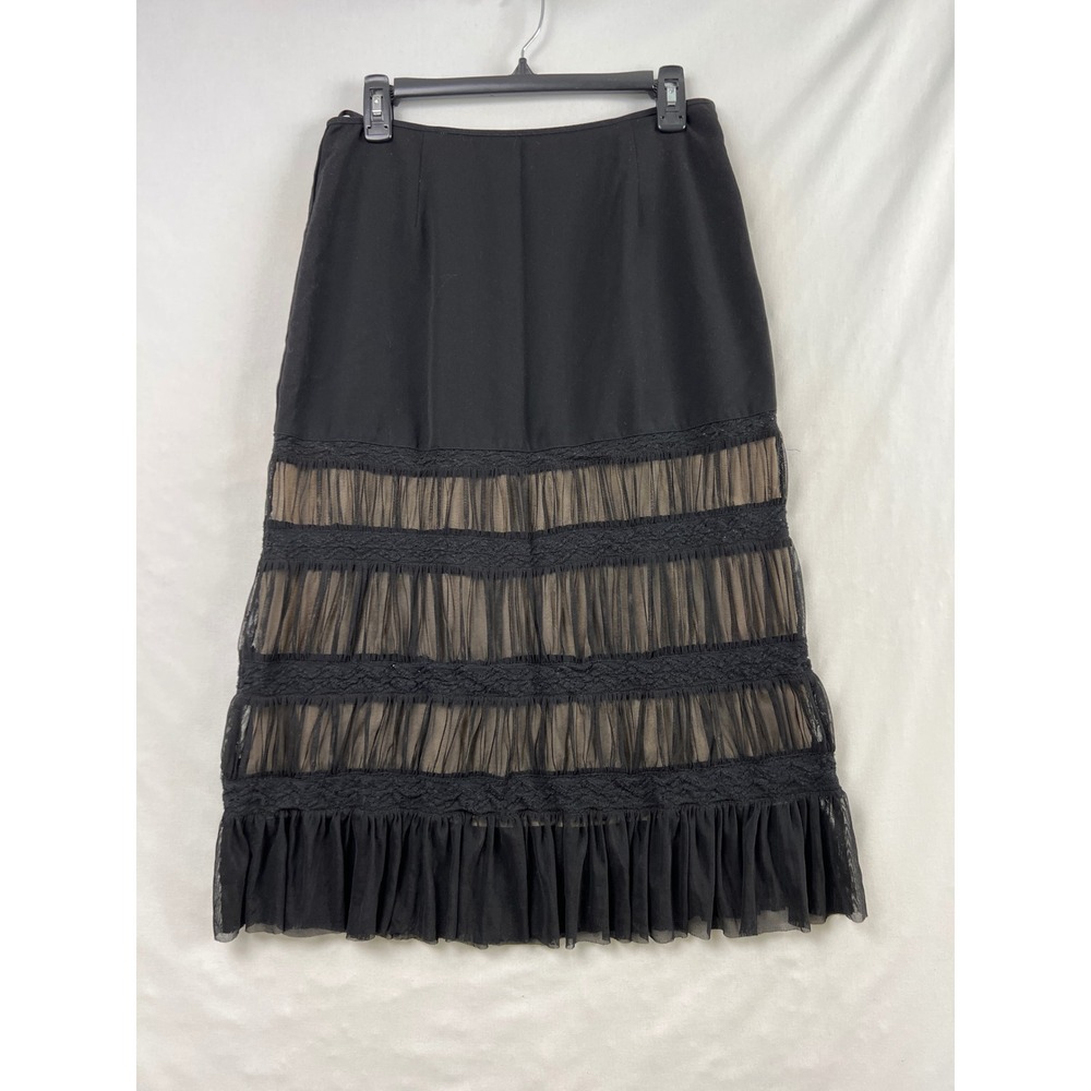 Russell Kemp Midi Skirt Womens 8 Black Tiered Lace Mesh Ruffle Romantic Goth